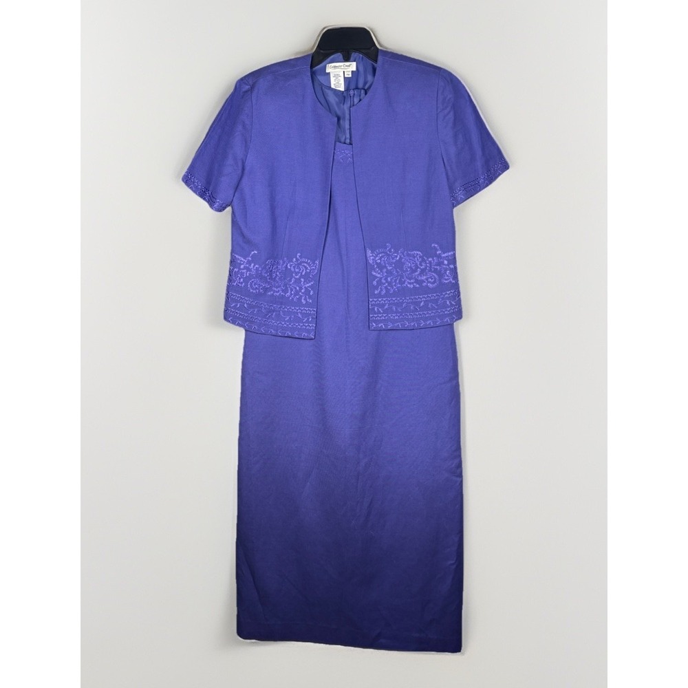 Coldwater Creek Purple Embroidered Linen Blend Suit Dress Jacket Set Size 8